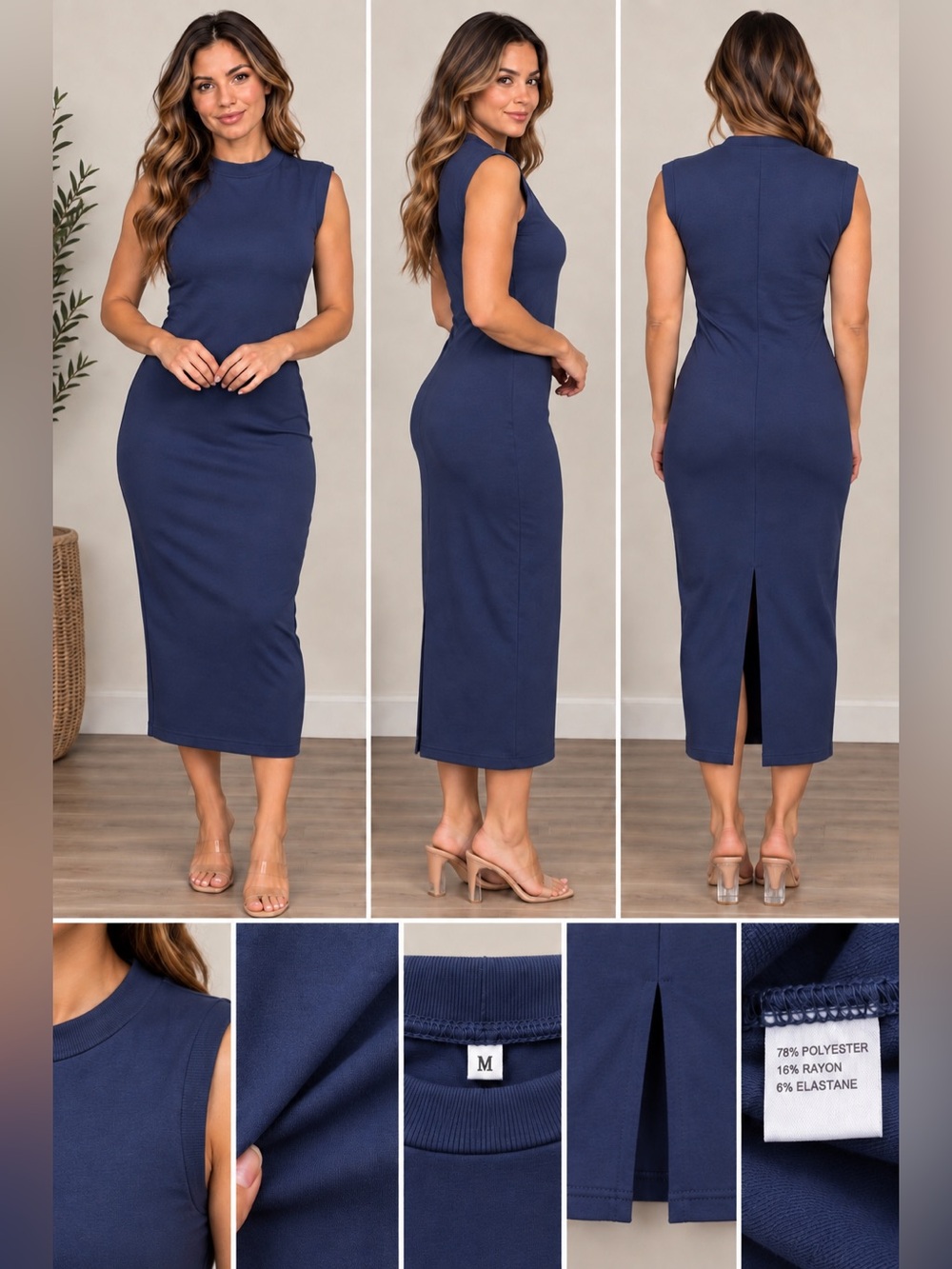 Sleeveless Navy Midi Bodycon Dress - M